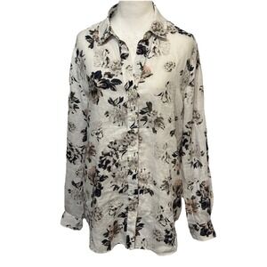 Vintage Lord & Taylor 100 % Linen White Floral Blouse Sz L Coastal Cool Corpcore
